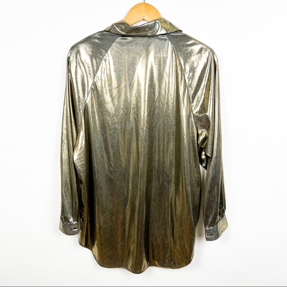 Vintage 80s liquid gold disco button down wet look blouse top size medium - Picture 4 of 6